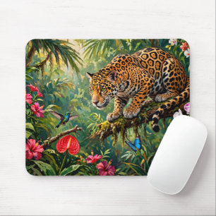 Jaguar Regenwoud Kolibries Vlinders Bloemen Muismat