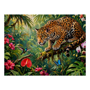 Jaguar Regenwoud Kolibries Vlinders Bloemen Perfect Poster