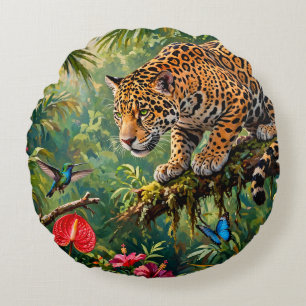 Jaguar Regenwoud Kolibries Vlinders Bloemen Rond Kussen