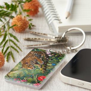 Jaguar Regenwoud Kolibries Vlinders Bloemen Sleutelhanger