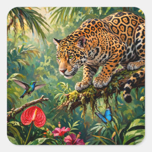 Jaguar Regenwoud Kolibries Vlinders Bloemen Vierkante Sticker