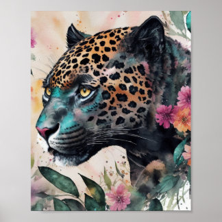 Jaguar Watercolor Bloemenschildering Poster