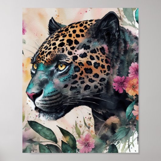 Jaguar Watercolor Bloemenschildering Poster (Voorkant)