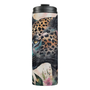 Jaguar Waterverf Bloemen Kunstwerk Platte Kaart Thermosbeker