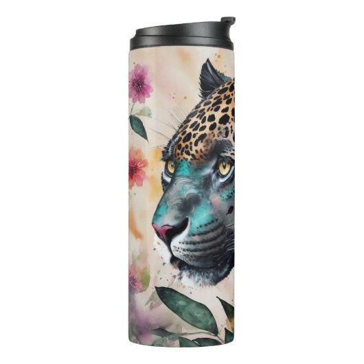 Jaguar Waterverf Bloemen Kunstwerk Platte Kaart Thermosbeker (Gedraaid links)