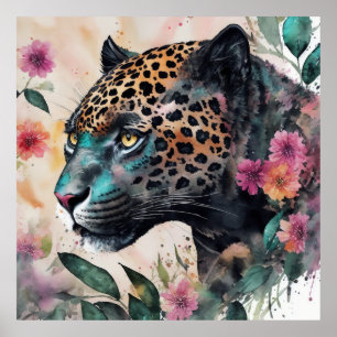 Jaguar Waterverf Bloemen Kunstwerk Poster