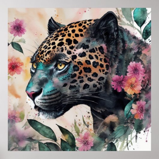 Jaguar Waterverf Bloemen Kunstwerk Poster (Voorkant)