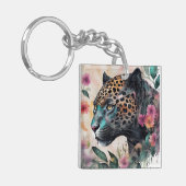 Jaguar Waterverf Bloemen Kunstwerk Sleutelhanger (Voorkant Links)