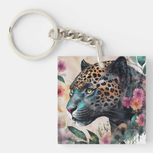 Jaguar Waterverf Bloemen Kunstwerk Sleutelhanger