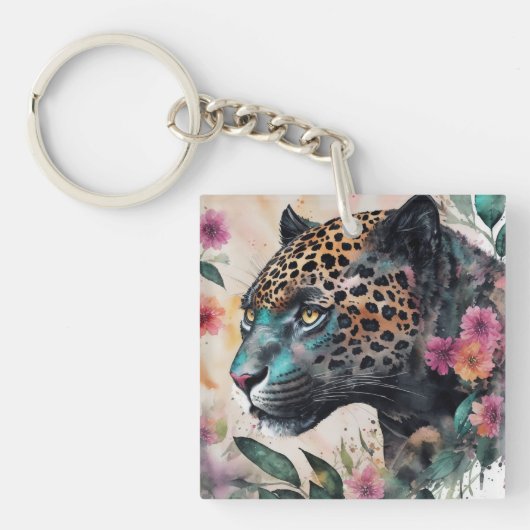 Jaguar Waterverf Bloemen Kunstwerk Sleutelhanger (Voorkant)
