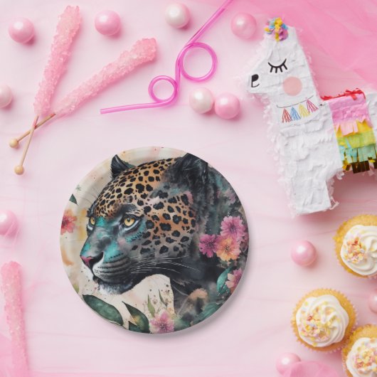 Jaguar Waterverf Bloemenkunst Papieren Bordje (Feest)