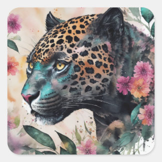 Jaguar Waterverf Bloemenkunst Vierkante Sticker