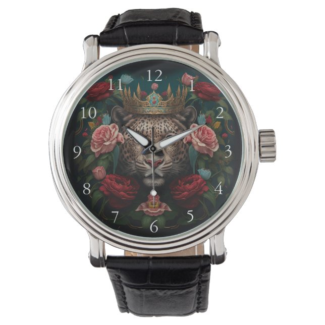 Jaguar with Crown in Flowers Painting            Horloge (Voorkant)