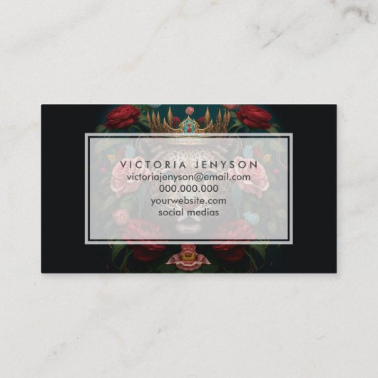 Jaguar with Crown in Flowers Painting              Visitekaartje (Achterkant)