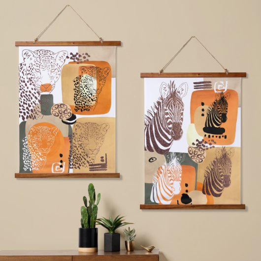 Jaguar Zebra Earth Tones Moderne Abstracte Pop Art Hangend Wandkleed (Asymmetrisch)