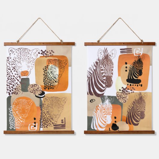 Jaguar Zebra Earth Tones Moderne Abstracte Pop Art Hangend Wandkleed (Dubbel)