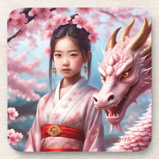 Jahr des Drachen 2024 - Mädchen zwischen Kirschblü Bier Onderzetter (Voorkant)
