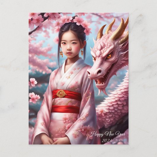 Jahr des Drachen 2024 - Mädchen zwischen Kirschblü Briefkaart (Voorkant)