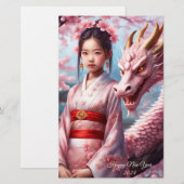 Jahr des Drachen 2024 - Mädchen zwischen Kirschblü Briefpapier (Voorkant / Achterkant)