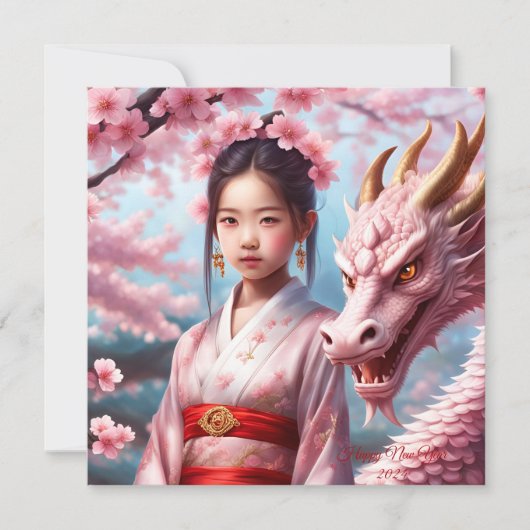 Jahr des Drachen 2024 - Mädchen zwischen Kirschblü Feestdagenkaart (Voorkant)