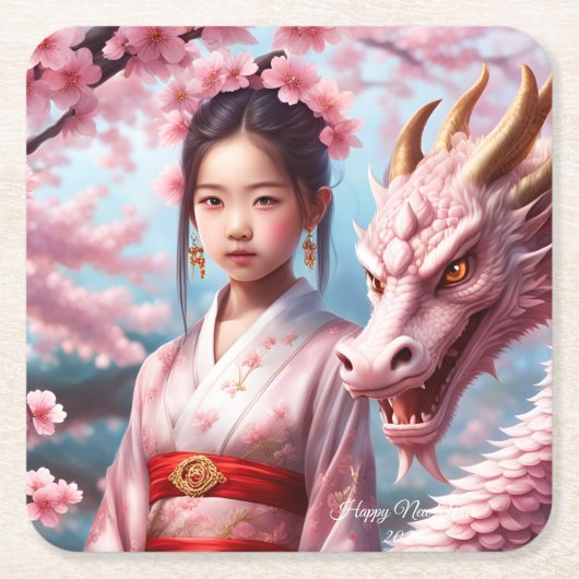 Jahr des Drachen 2024 - Mädchen zwischen Kirschblü Kartonnen Onderzetters (Voorkant)