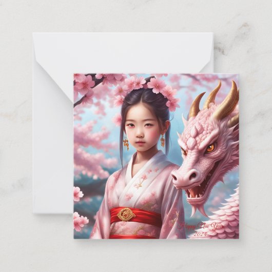 Jahr des Drachen 2024 - Mädchen zwischen Kirschblü Notitiekaartje (Voorkant)