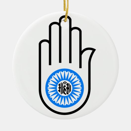 Jainisme Symbool Hand and and Wheel Reading Ahimsa Keramisch Ornament (Voorkant)