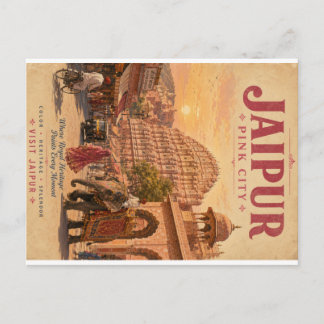 Jaipur Roze Stad Vintage Reisposter met Koninklijk Feestdagenkaart