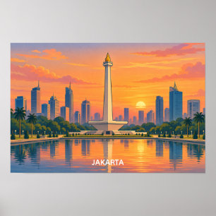 Jakarta Monas Silhouette Vlakke Illustratie Poster