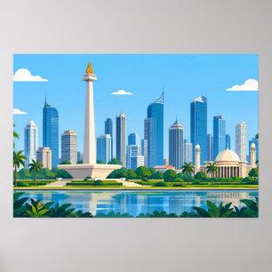 Jakarta Silhouette Vlakke Illustratie Monas Stad Poster