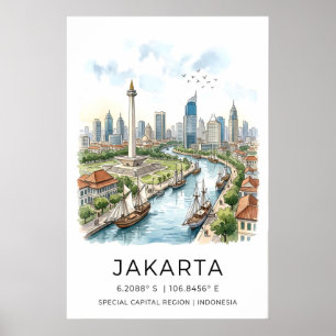 Jakarta Stadskunstprint Meerkleurig Stedelijk Poster