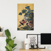 Jakuchu, Rooster en Hen met Hydrangeas Posters (Thuiskantoor)