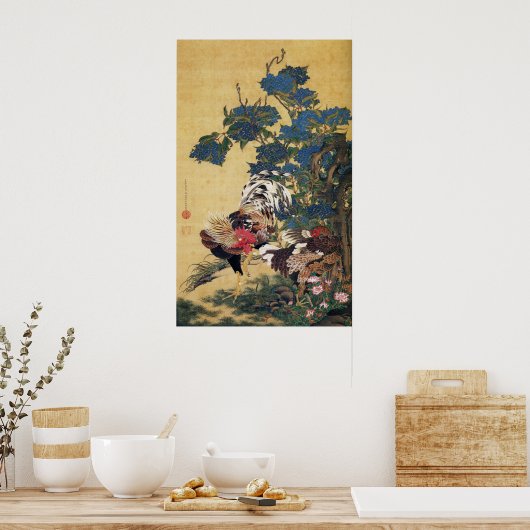 Jakuchu, Rooster en Hen met Hydrangeas Posters (Keuken)