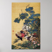 Jakuchu, Rooster en Hen met Hydrangeas Posters (Voorkant)