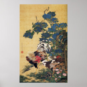 Jakuchu, Rooster en Hen met Hydrangeas Posters