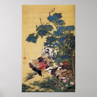 Jakuchu, Rooster en Hen met Hydrangeas Posters