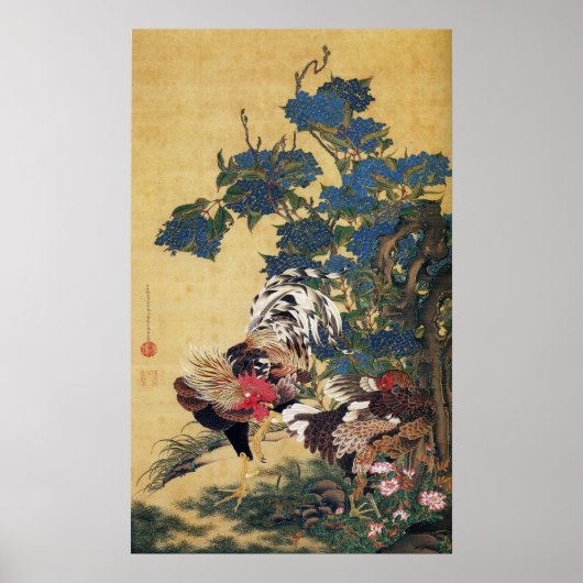 Jakuchu, Rooster en Hen met Hydrangeas Posters (Voorkant)