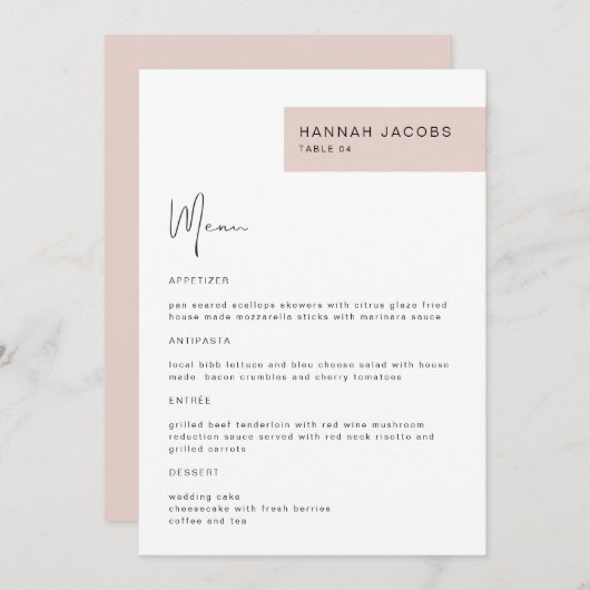 JALAINE Modern Blush Guest Name Dinner Menu (Voorkant / Achterkant)