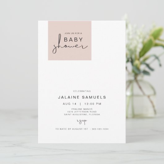 JALAINE Modern Blush Pink Block Girl Baby shower Kaart (Staand voorkant)