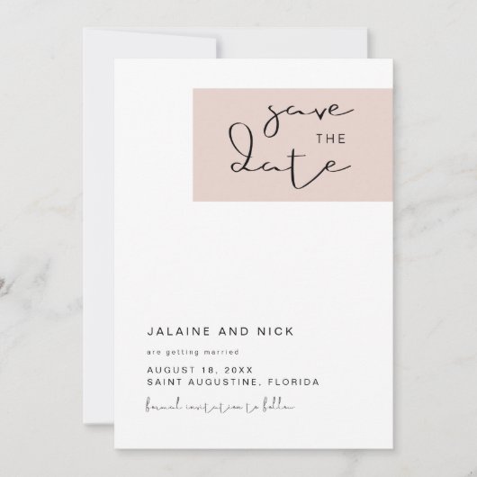 JALAINE Modern Blush Pink Block Save the Date Kaart (Voorkant)