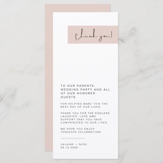 JALAINE Modern Blush Pink Wedding Bord Dank je Menu (Voorkant / Achterkant)