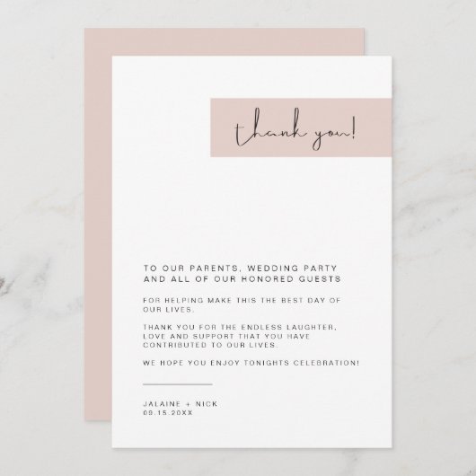 JALAINE Modern Blush Pink Wedding Bord Dank je Menu (Voorkant / Achterkant)