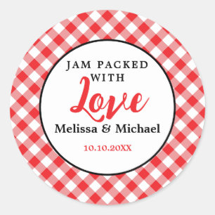 Jam verpakt met liefde bruiloft gunst Red Gingham Ronde Sticker