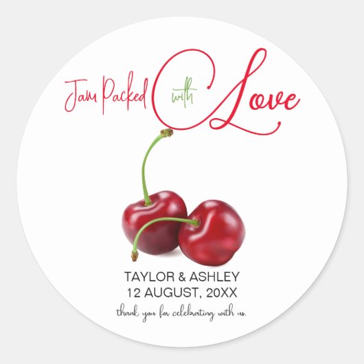 Jam Verpakt met Liefde Cherry Fruit Bruiloft Ronde Sticker (Voorkant)