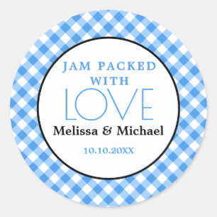 Jam verpakt met Love Blue Gingham Wedding Favor Ronde Sticker