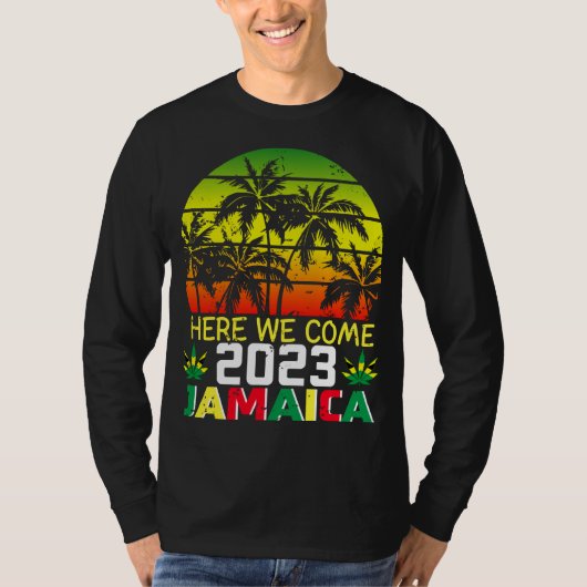 Jamaica 2023 Hier komen we Mannen met een lange ba T-shirt (Voorkant)