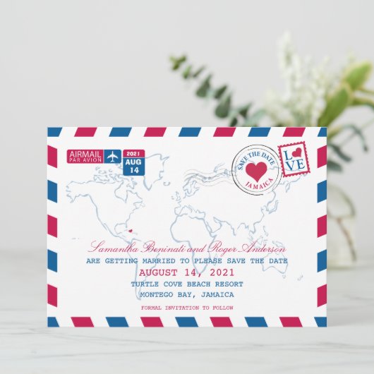 Jamaica AirMail Huwelijk Save the Date Kaart (Staand voorkant)