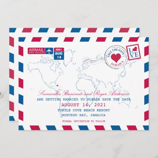 Jamaica AirMail Huwelijk Save the Date Kaart (Voorkant / Achterkant)