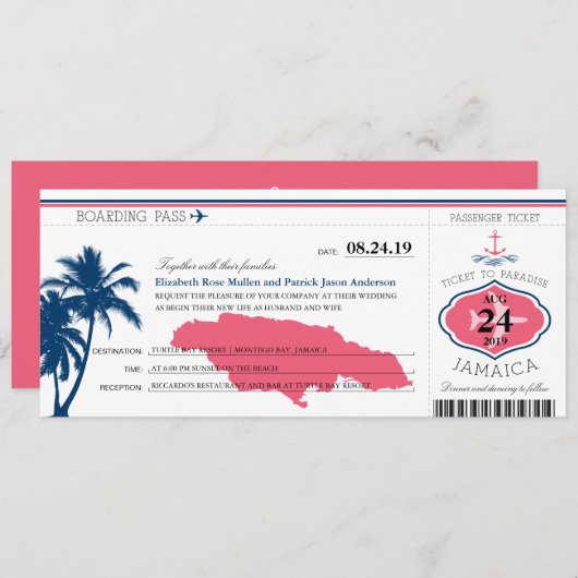 Jamaica Blue/Pink Palm Tree Anchor Boarding Pass Kaart (Voorkant / Achterkant)
