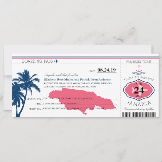 Jamaica Blue/Pink Palm Tree Anchor Boarding Pass Kaart (Voorkant)